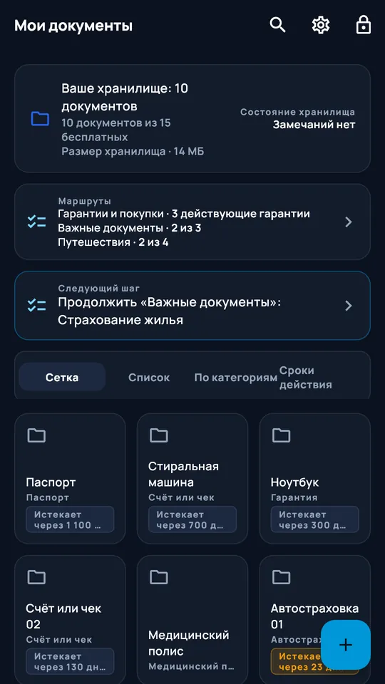 Хранилище DocCipher «Семейные документы»: десять документов, списки и сроки действия
