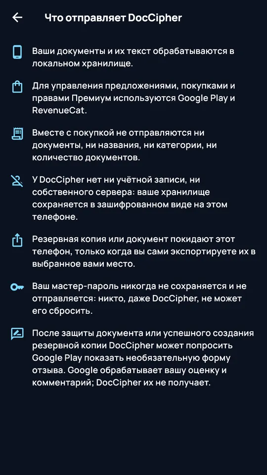 Экран «Что отправляет DocCipher»