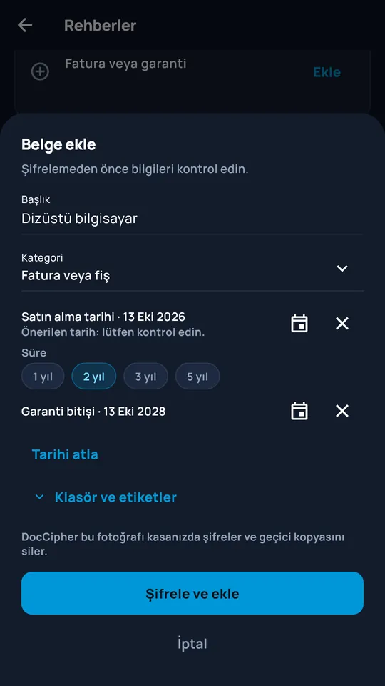 Fotoğrafı çekilmiş bir belgeyi DocCipher'a ekleme