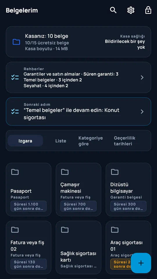 DocCipher “Aile belgeleri” kasası: on belge, rehberler ve son tarihler