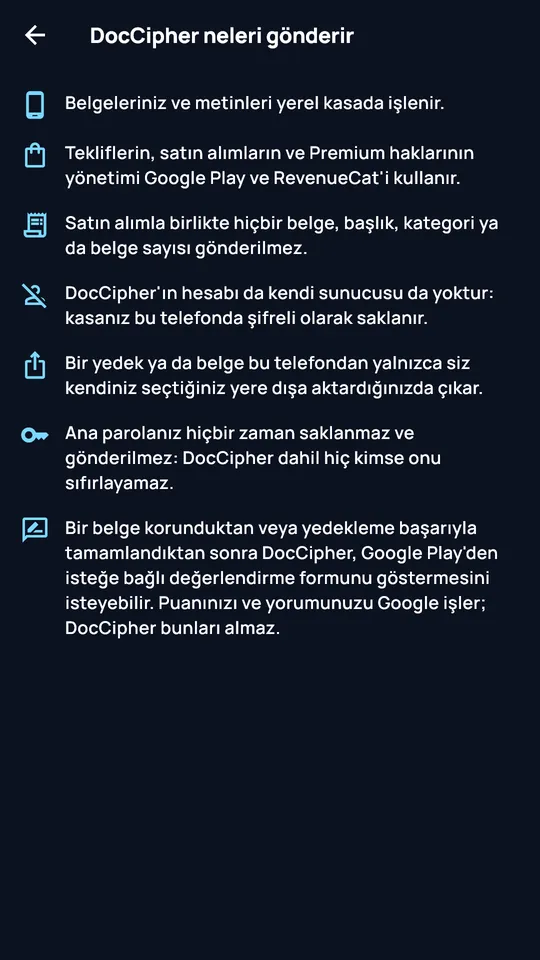 “DocCipher ne gönderir?” ekranı