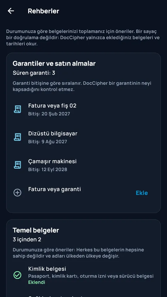 DocCipher rehberleri: garantiler ve temel belgeler
