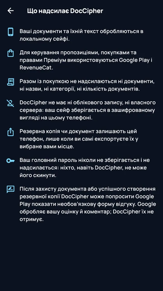Екран «Що надсилає DocCipher»