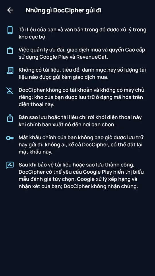 Màn hình “Những gì DocCipher gửi đi”