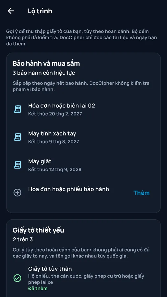 Lộ trình DocCipher: bảo hành và giấy tờ thiết yếu