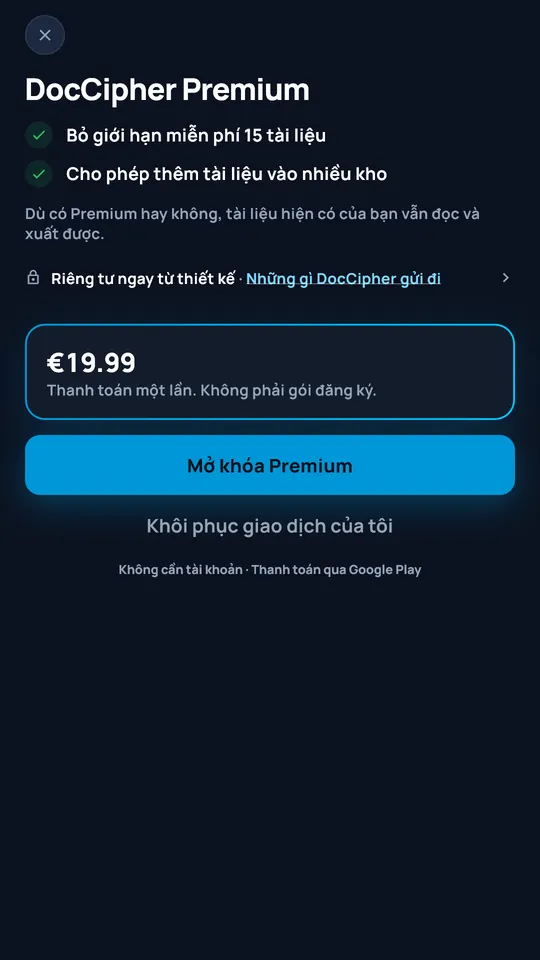 Gói DocCipher Premium giá 19,99 €