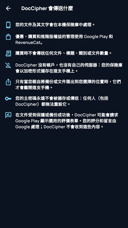 “DocCipher 會傳送什麼”介面