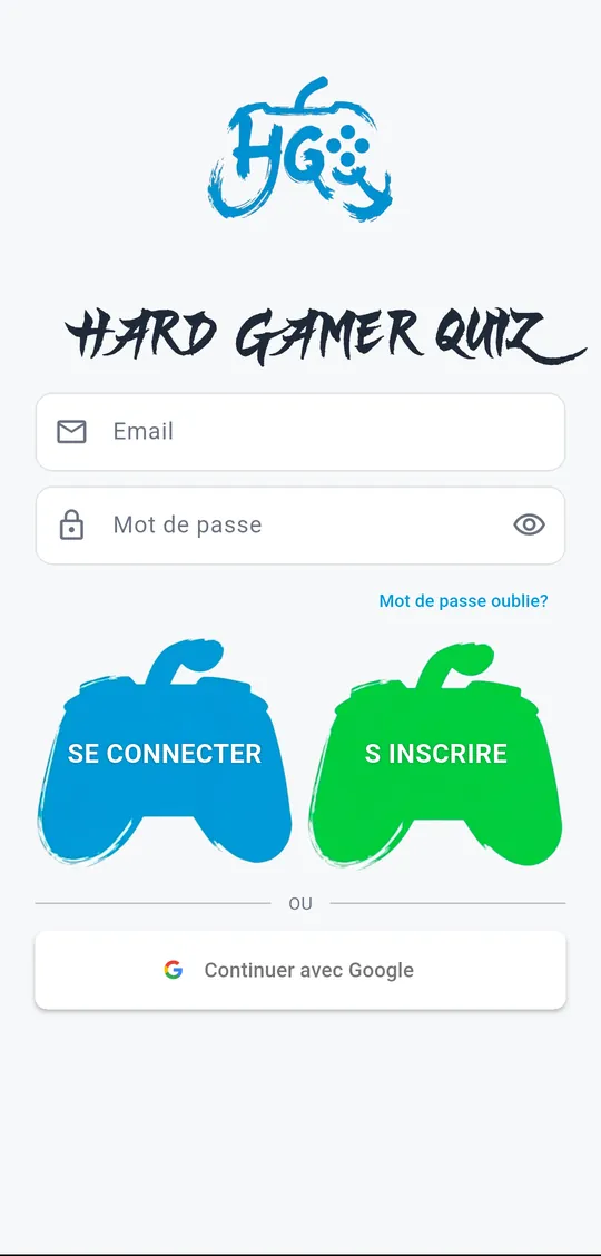 Écran d'accueil de Hard Gamer Quiz : se connecter ou s'inscrire